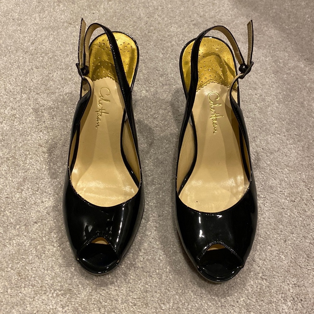 Cole Haan Black Patent Peep-Toe Slingback Heels
